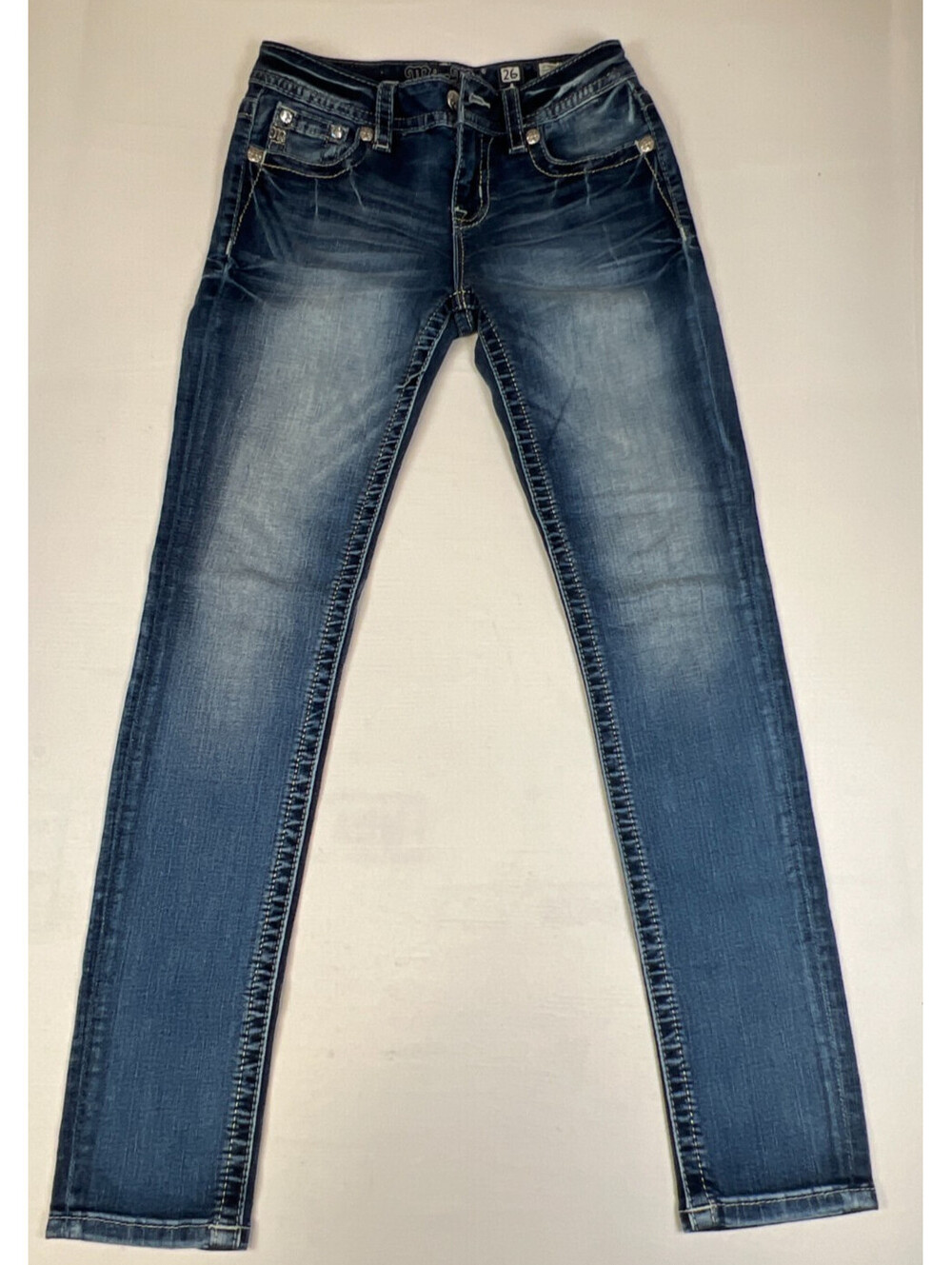 Miss Me Women 26x31 Skinny Jeans Blue Floral Rhinestone Pocket Denim Y2K